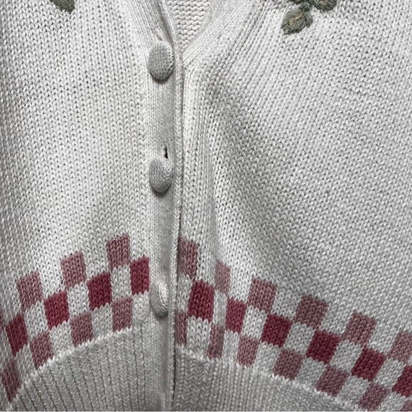 VTG 80s Women Coquette Grannycore‎ Sweater Cardigan Medium White Pink Floral - Picture 2 of 11